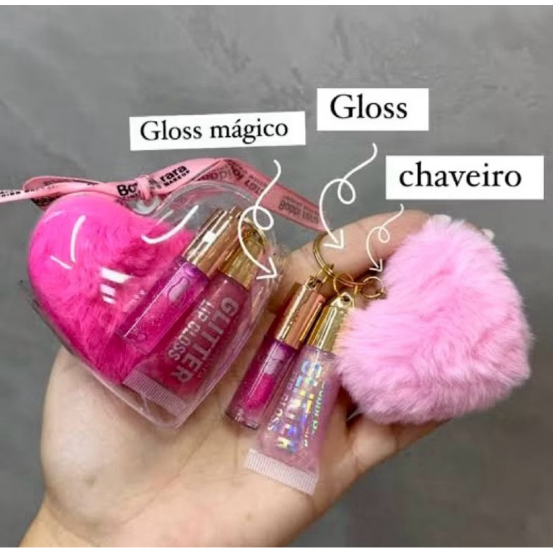 Glitter Lip Gloss Heart Case + Chaveiro+ Lip gloss